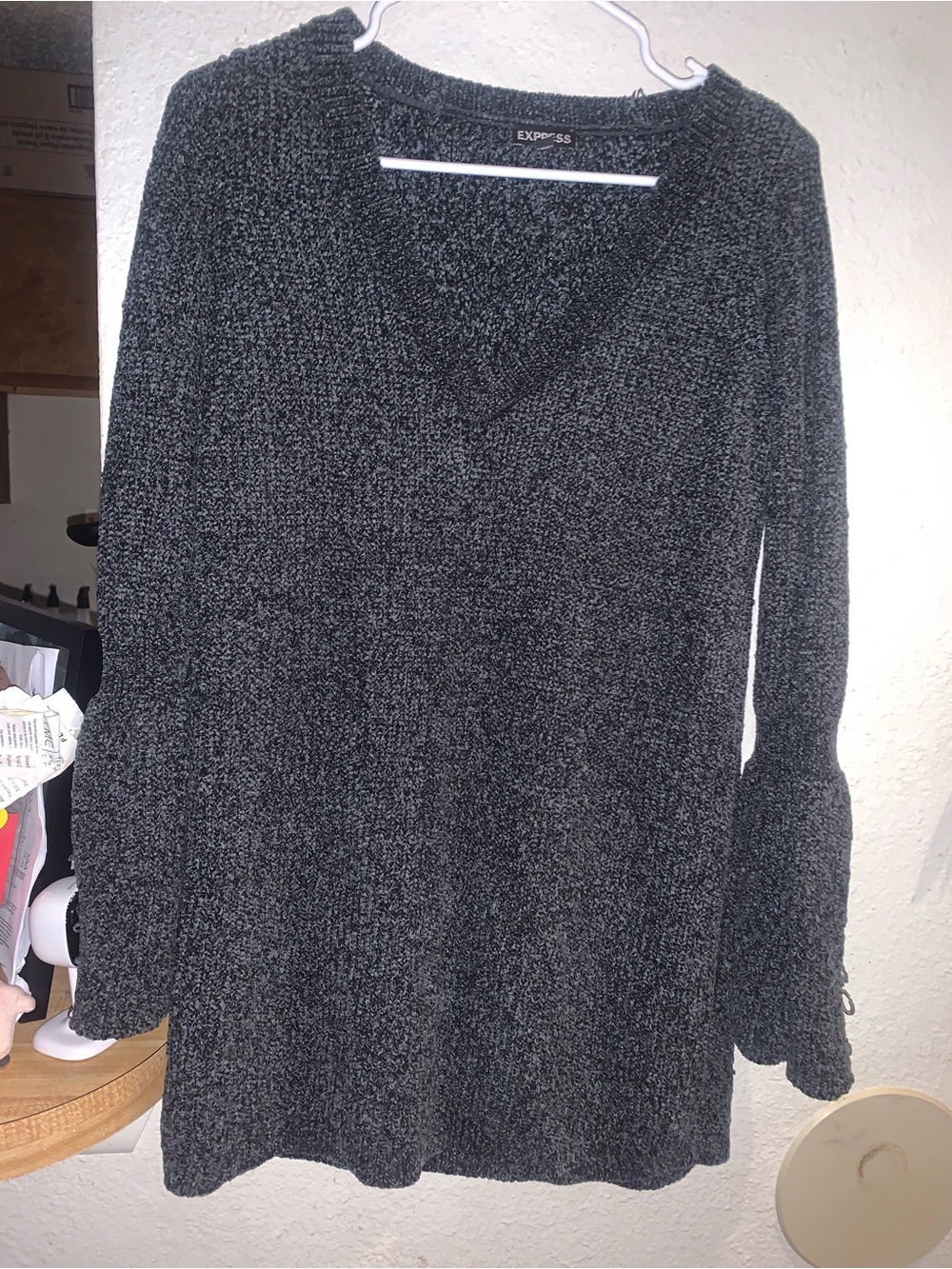 Express Charcoal V-Neck Long Sleeve Knit Dress